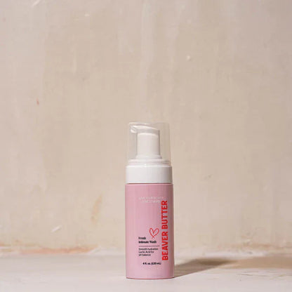 A pink bottle of Beaver Butter Intimate Wash by ECN against a white background.