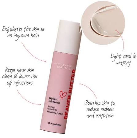 A pink bottle of ingrown hair serum by Beaver Butter against a white background showing the characteristics of the serum.