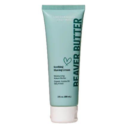 A blue tube of Beaver Butter soothing shaving cream on a white background.